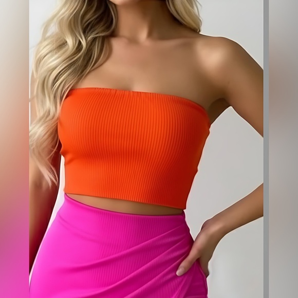 Slit Thigh Rib-knit Tube Dress Pink Orange - Picture 2 of 8